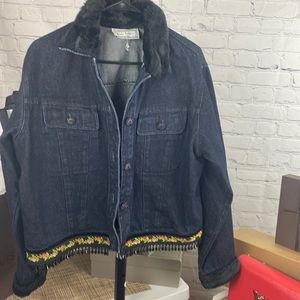 Lucia Lula dark denim collar & faux fur black sleeve & rose color bead detail